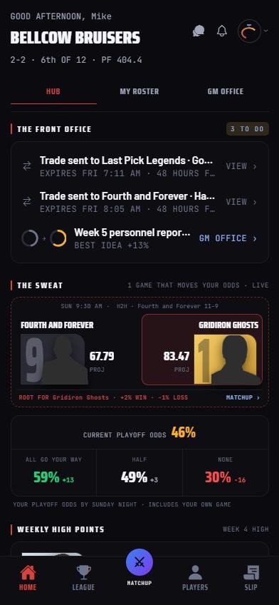 The Hub screen with The Sweat and playoff odds